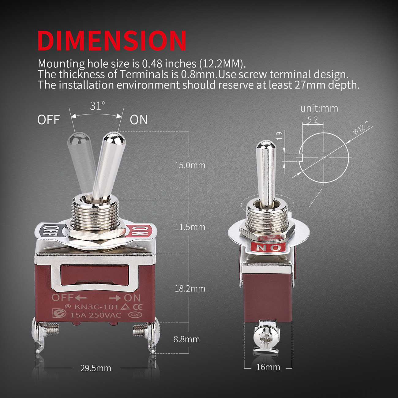 Daiertek KN3C-101 12VDC 30A SPST 15A 250V 12MM 2 Positions ON-OFF Latching Toggle Switch With Weatherproof Boot Cover