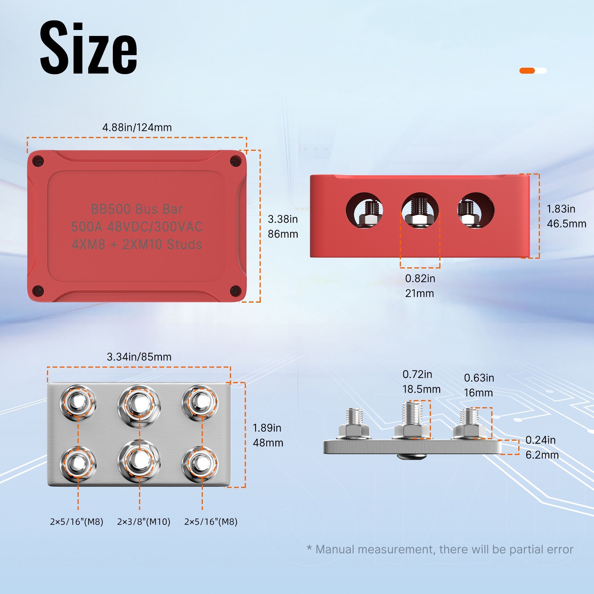 6 Studs 48V 500A Marine Bus Bar High Current Power Distribution Terminal Block with Plastic Cover Box and Rubber Gaskets