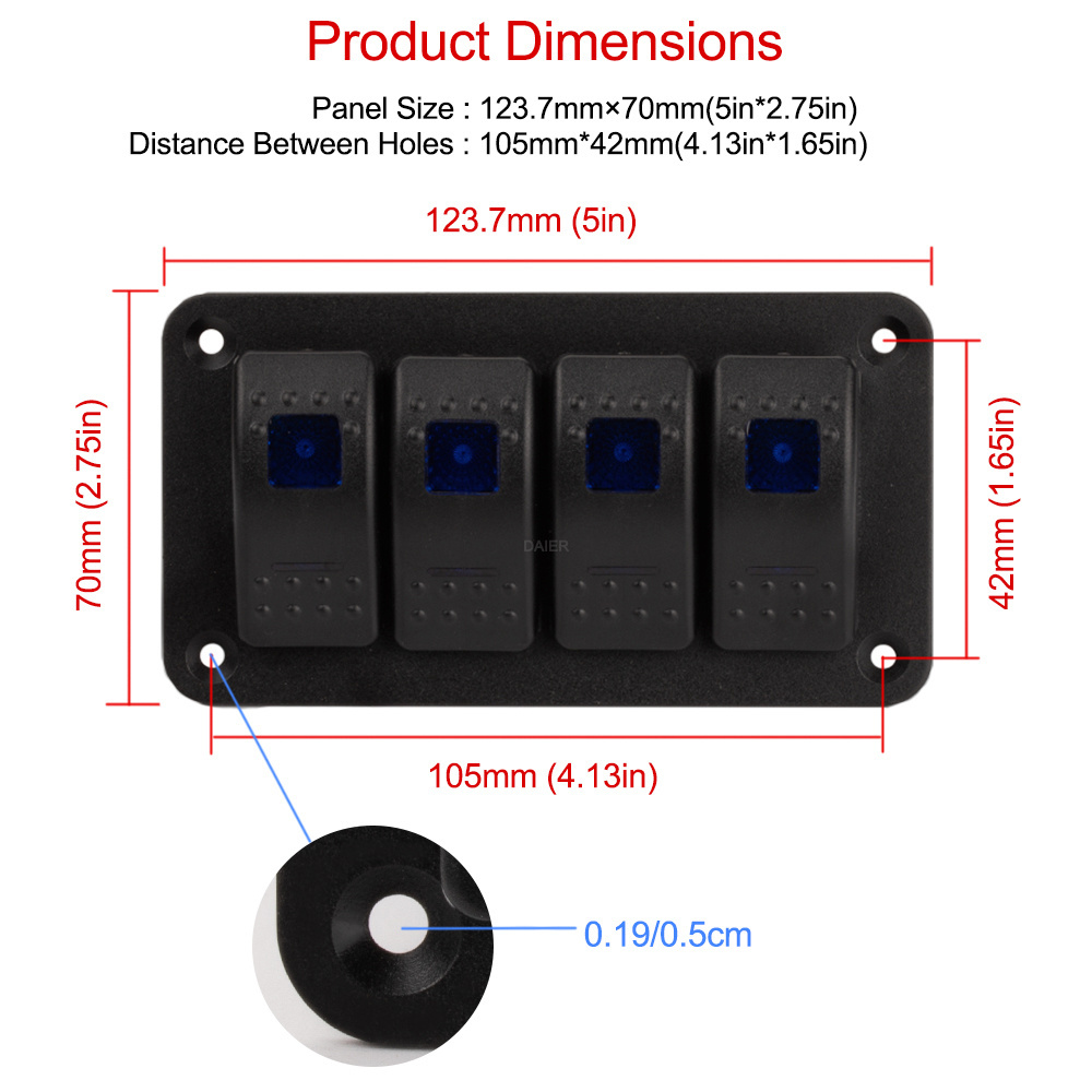 DaierTek 12V Blue LED Light Rocker Switch Panel Marine Boat ON/OFF Car Switch Panel with 4 SPST 20A Rocker Switches