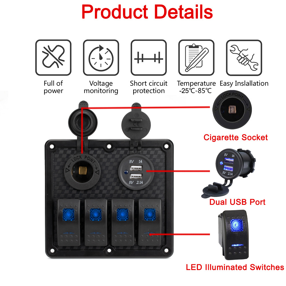 Waterproof 12V Auto Parts Marine Rocker Switch Dual USB 3.1A Outlet LED Voltmeter 4 Gang Rocker Switch Plastic Panel for Boat