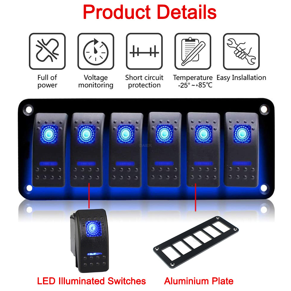 DaierTek 12V Switch Panel Marine On Off Led Marine Rocker Switch Panel 6 Gang Waterproof Aluminum Switch Panel Boat for Car Boat