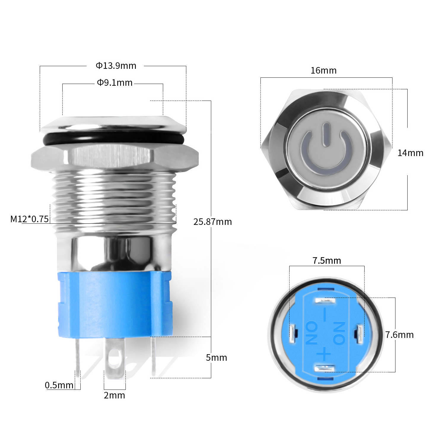 DaierTek Push Button Switch 12mm Latching 12V LED Waterproof ON OFF Power Logo Metal Push Button Switch for Automotive Boat