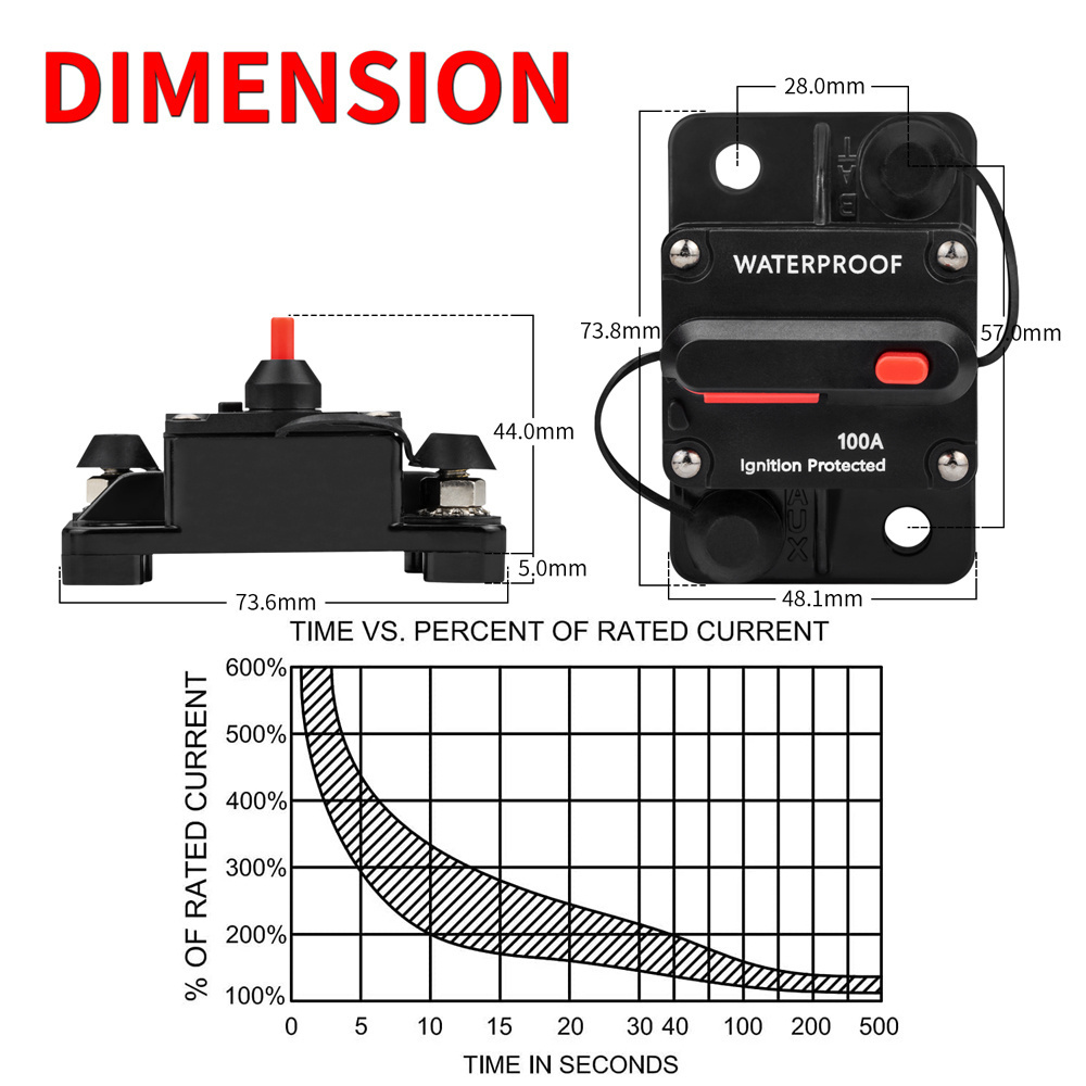 DaierTek Waterproof 12V-24V DC Circuit Breaker Switch 30A-300A Inline Audio Protective Switch for Car RV Boat