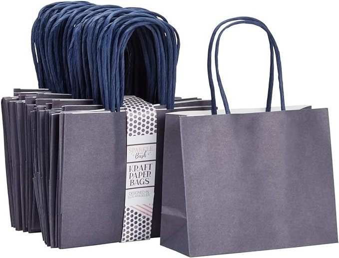 50 Pack Navy Blue Paper Gift Bags with Handles Bulk for Birthday Themed Party Favors Presents Mini Dark Blue Paper Bags