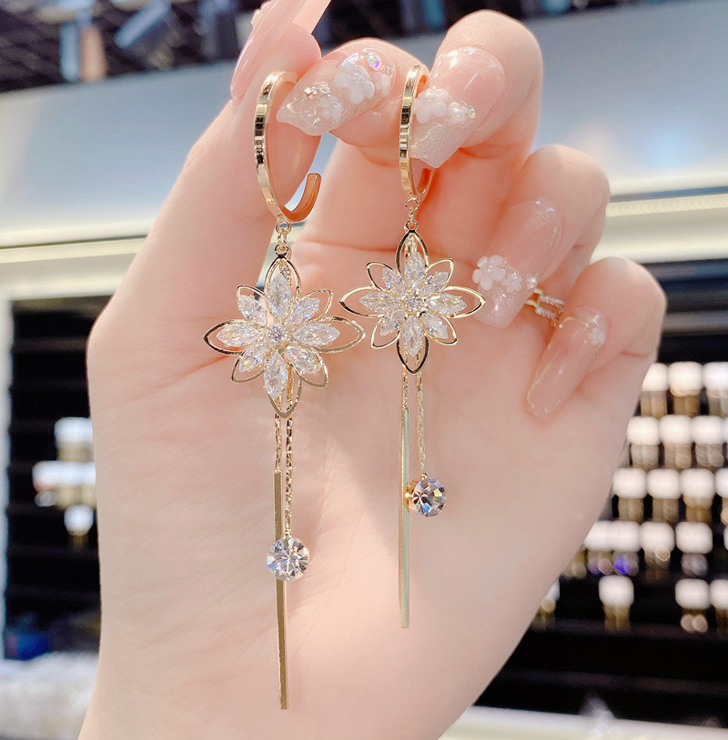 2023 New Korean Zircon Earrings Womens Flower Tassel Earring S925 Silver Needle Pendant Earring Jewelry