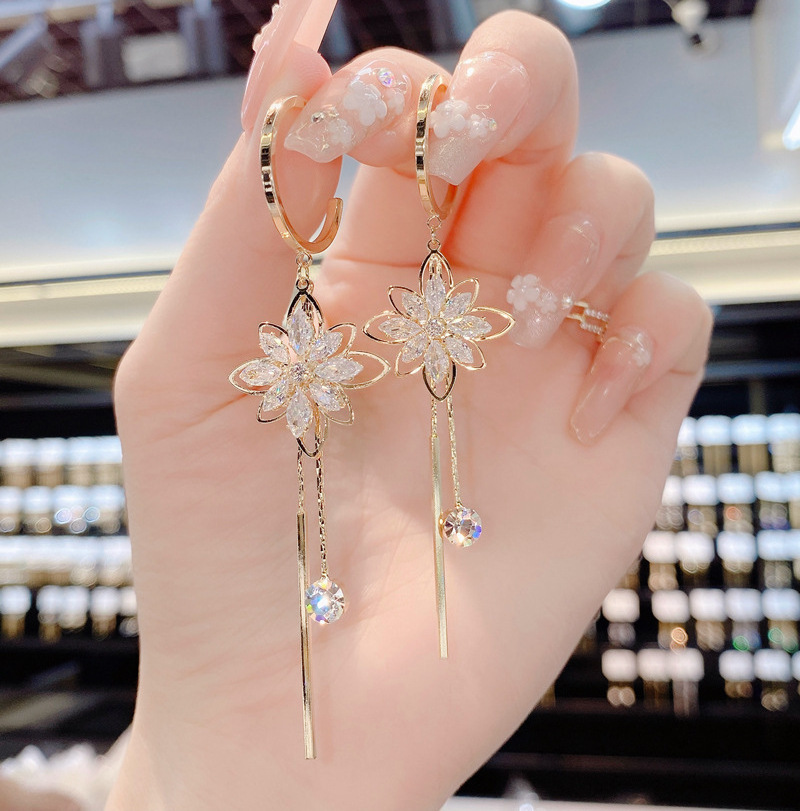 2023 New Korean Zircon Earrings Womens Flower Tassel Earring S925 Silver Needle Pendant Earring Jewelry