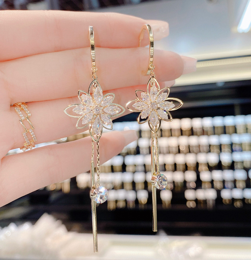 2023 New Korean Zircon Earrings Womens Flower Tassel Earring S925 Silver Needle Pendant Earring Jewelry