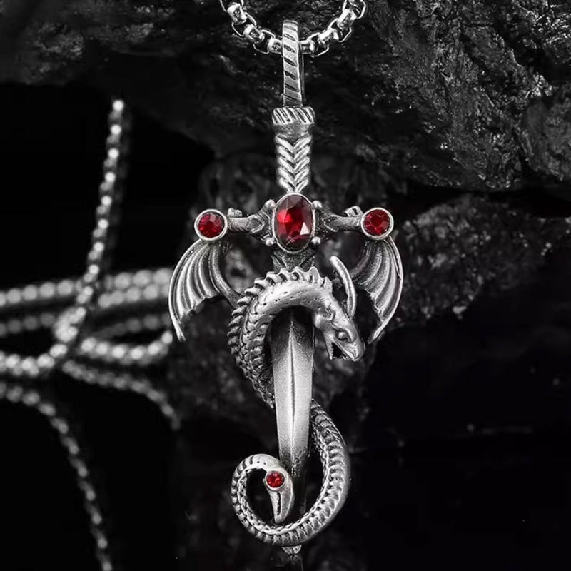 DAIHE Fashion Hot Sale Retro Sword Necklace Gemstone Hip-Hop Punk Stainless Steel Chain Dragon Pendant Necklace