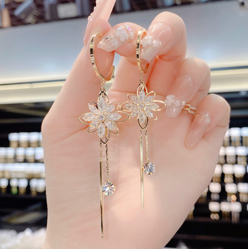 2023 New Korean Zircon Earrings Womens Flower Tassel Earring S925 Silver Needle Pendant Earring Jewelry