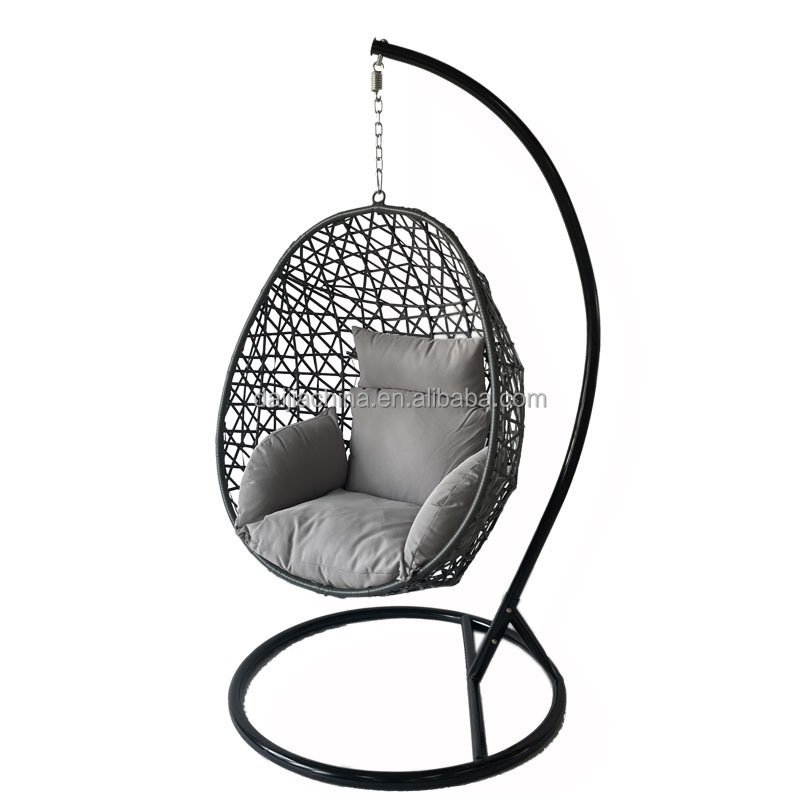 Small Grey Patio Swing Egg Chair with Stable Stand and Comfy Cushion