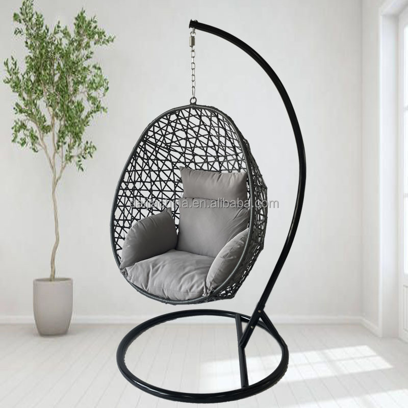 Small Grey Patio Swing Egg Chair with Stable Stand and Comfy Cushion