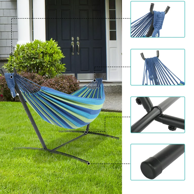 Outdoor Patio Swing Bed Double Camping Polyester Cotton Hammock With Foldable Stand