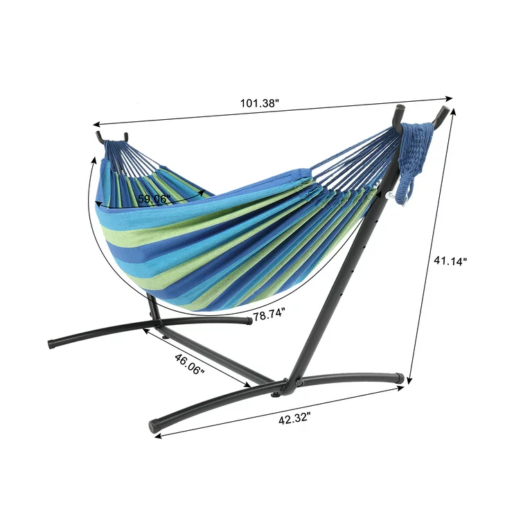 Outdoor Patio Swing Bed Double Camping Polyester Cotton Hammock With Foldable Stand