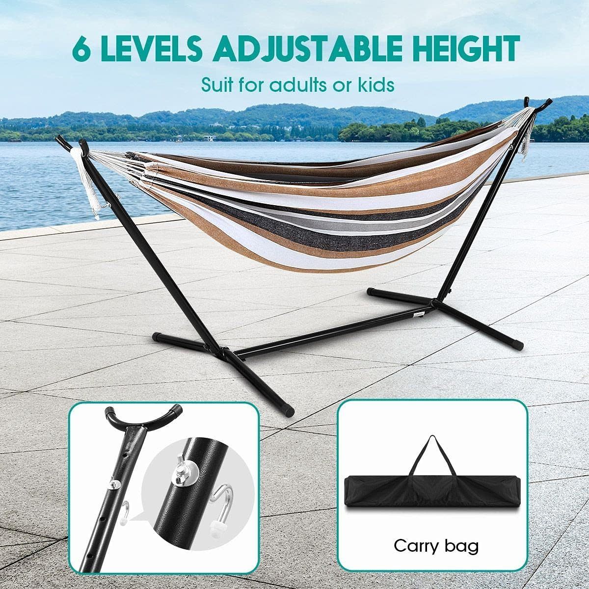 Outdoor Adjustable Carrying Double Woven Canvas Hanging Hammock Bed With Steel Stand