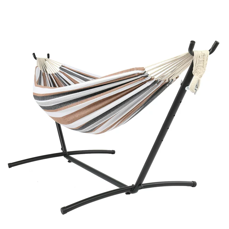 Outdoor Adjustable Carrying Double Woven Canvas Hanging Hammock Bed With Steel Stand