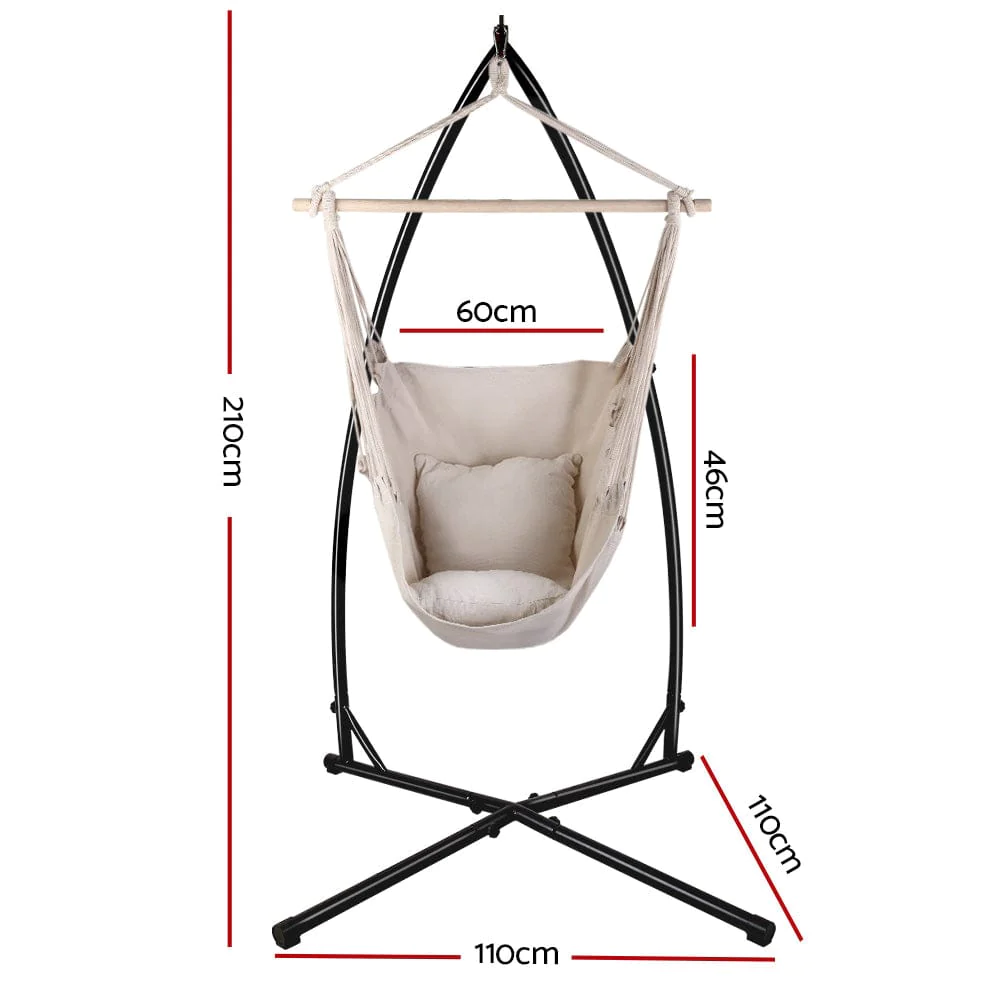 Outdoor Porch Rope Swing Hanging Cotton Canvas Hammock Chair Beige With KD Style Metal Stand