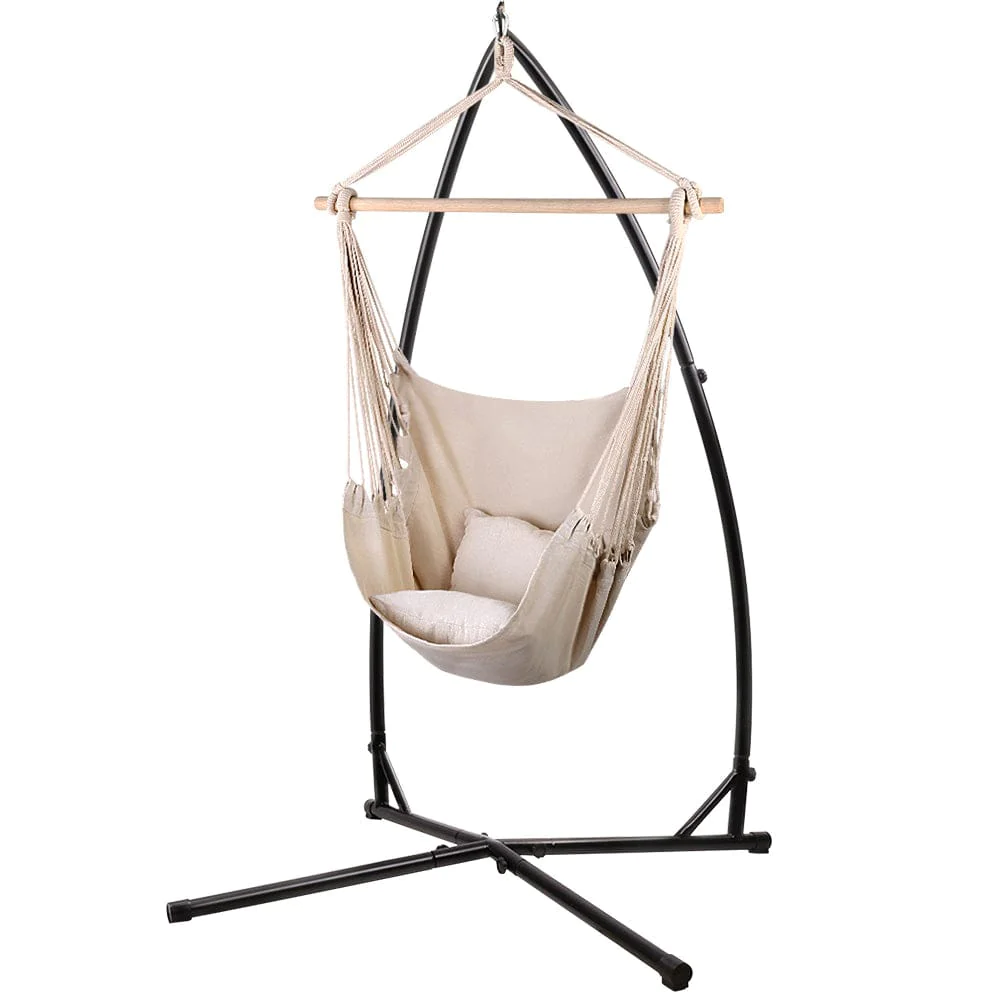 Outdoor Porch Rope Swing Hanging Cotton Canvas Hammock Chair Beige With KD Style Metal Stand