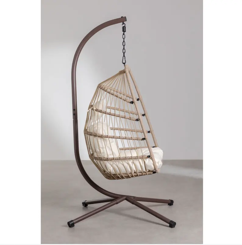 Hot Selling Outdoor Furniture Khaki Rattan KD Folding Design Hanging Rope Swing Chair