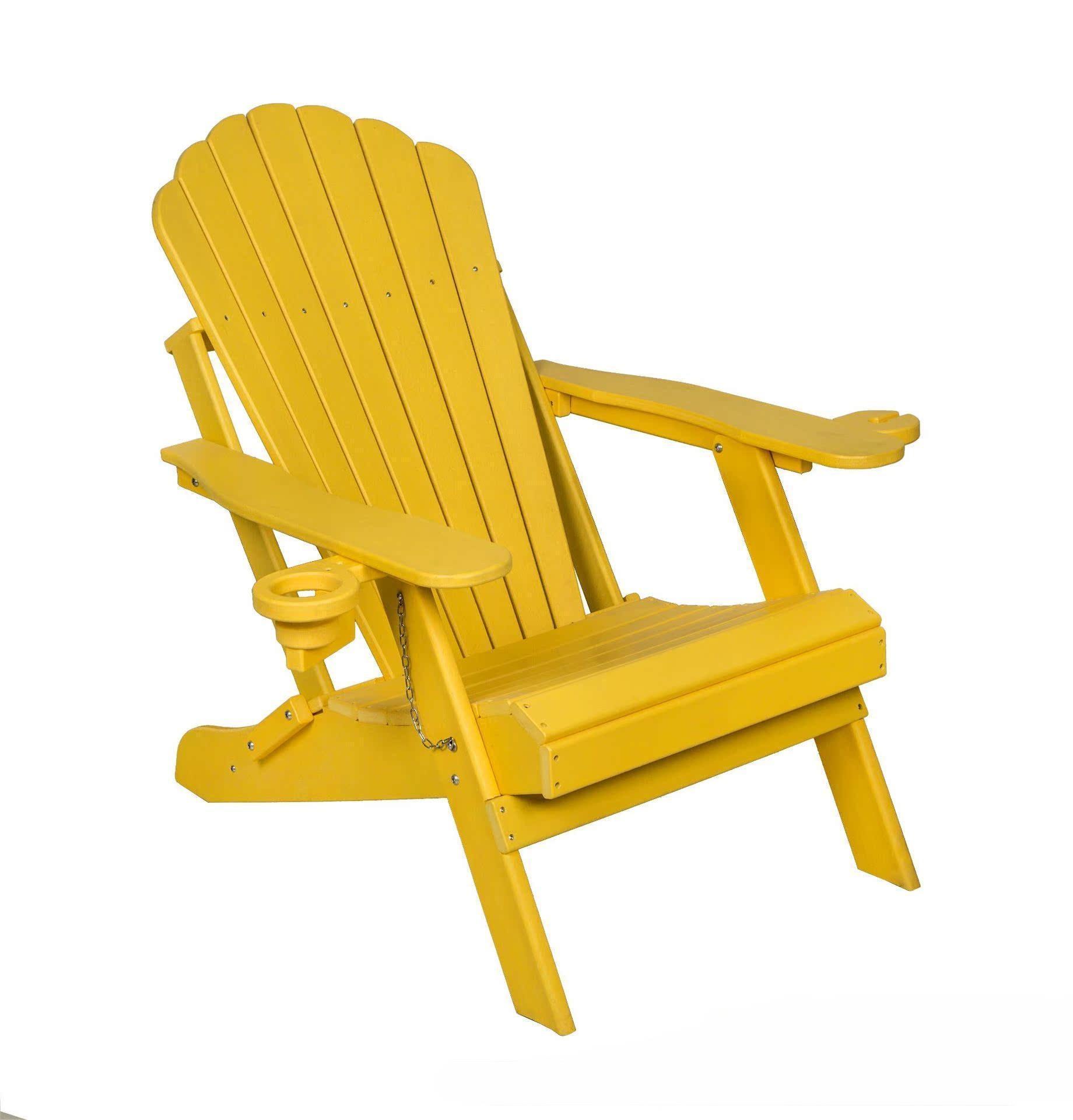 Weather Resistant Plastic Folding Patio Lawn Chair Yellow HDPE  Adirondack Chair with Cup Holder