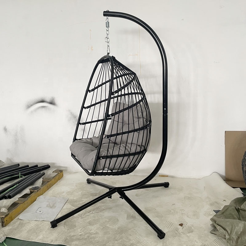 DAIJIACHINA Folding Swing Egg Chair with Stand Indoor Outdoor Wicker Rattan Patio Basket Hanging Chairs  Balcony Garden