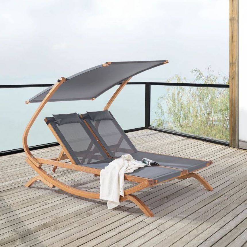 Patio Wood Sunbed with Canopy Umbrella Garden 2-Person Lounger Beach Swimming Pool Recliner Sun Hammock