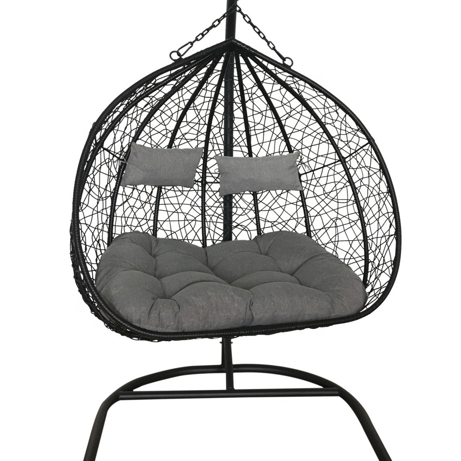 Double Seater Rattan Swing Chair for Patio Wicker Hanging Egg Basket with U Shaped Metal Stand Strong Swing Seat