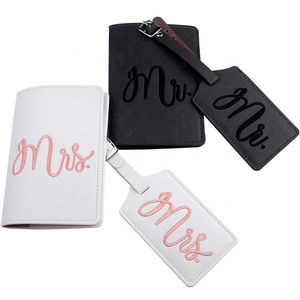 Mr and Mrs Passport Holders PU Leather Luggage Tag and Passport Holder Set Passport Ticket Money Travel Holder Black and White