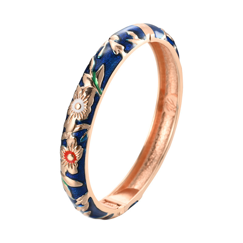 Daili Wholesale Pink Flowers Bangles Colorful Charm Girl Bracelets Women Cloisonne Bangles Zinc Alloy Gold Plated Bracelets