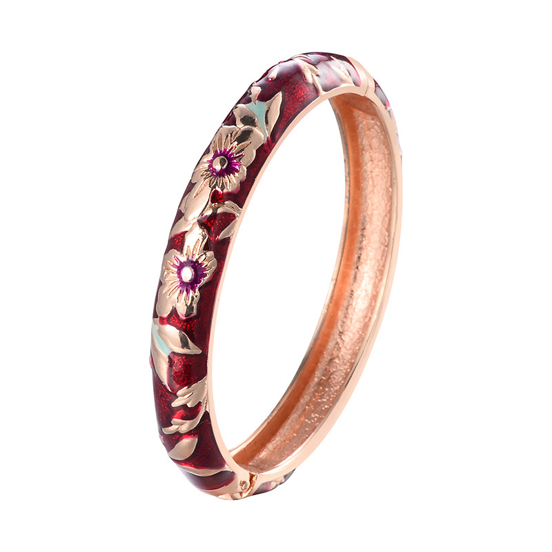 Daili Wholesale Pink Flowers Bangles Colorful Charm Girl Bracelets Women Cloisonne Bangles Zinc Alloy Gold Plated Bracelets