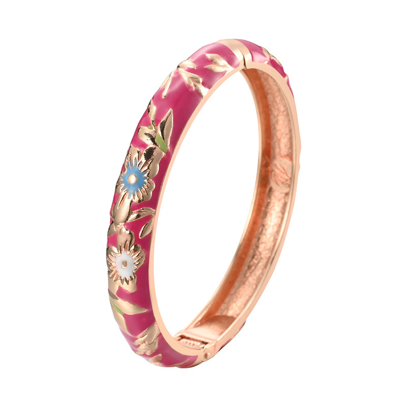 Daili Wholesale Pink Flowers Bangles Colorful Charm Girl Bracelets Women Cloisonne Bangles Zinc Alloy Gold Plated Bracelets