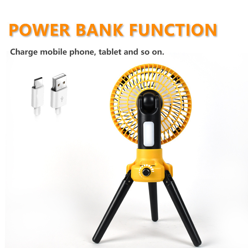 Rechargeable shaking head  20000mah electric desk stand fan tripod camping  battery triangle fan lantern with led light