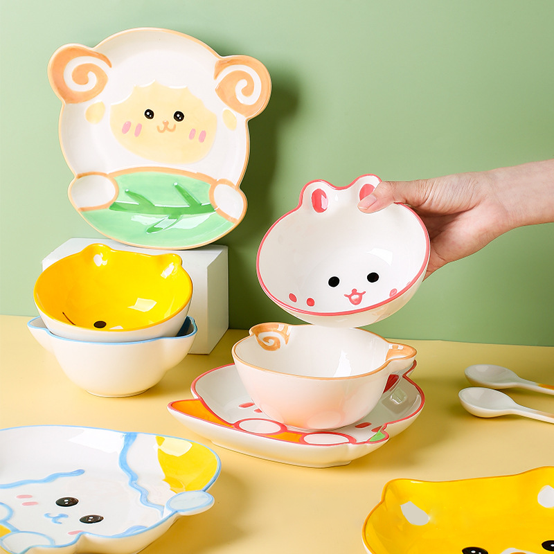 Cute Cartoon Animal Pattern Rabbit Cats Dog Sheep Ceramic Bowl Plate Spoon Daily Tableware Set Children'S Home