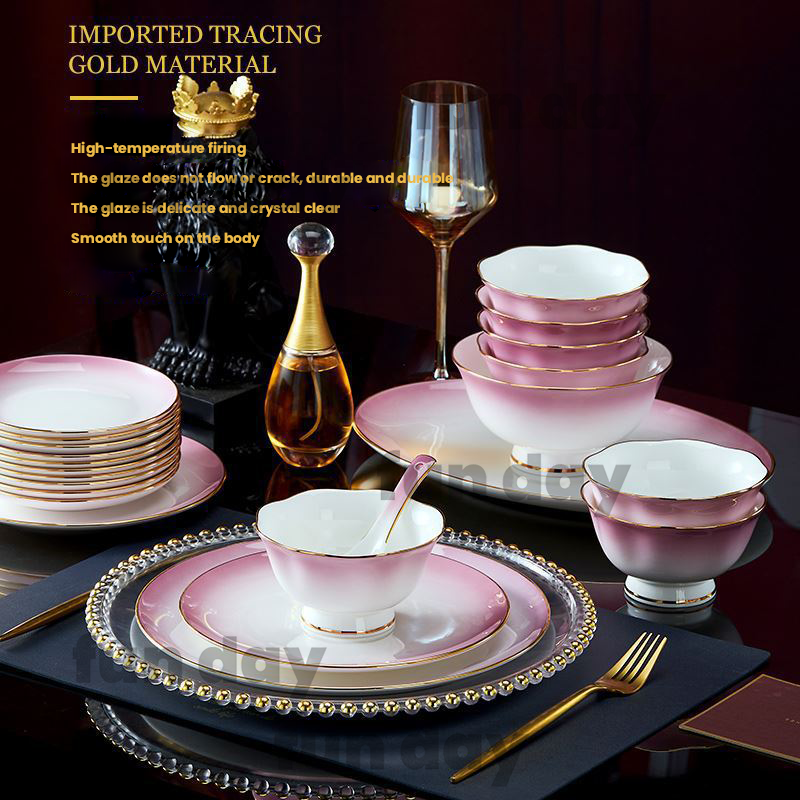 Jingdezhen Ceramic Tableware Luxury Gradient Purple Porcelain Bowl Plate Hotel Home Gift Wedding Bone China Dinnerware Set