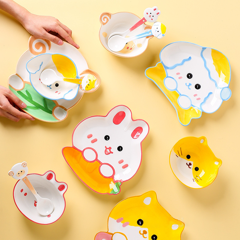 Cute Cartoon Animal Pattern Rabbit Cats Dog Sheep Ceramic Bowl Plate Spoon Daily Tableware Set Children'S Home