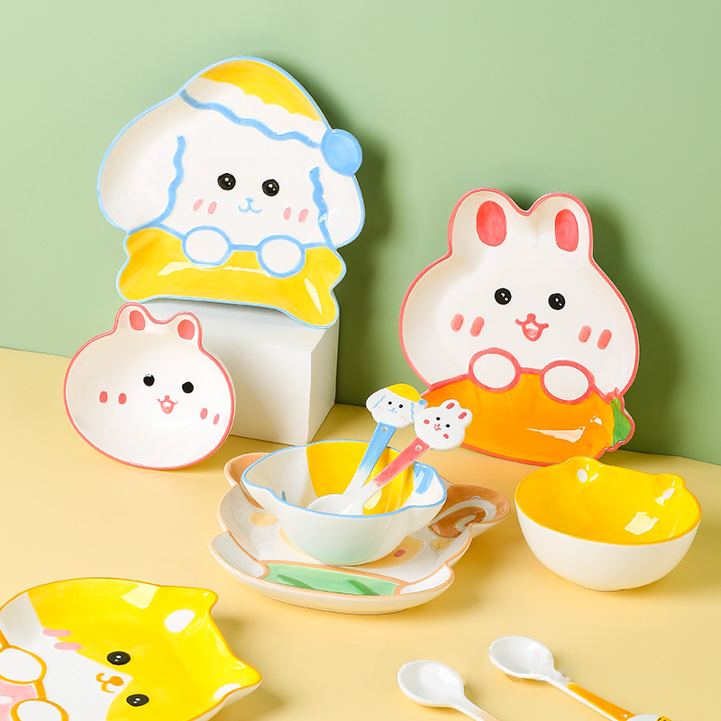 Cute Cartoon Animal Pattern Rabbit Cats Dog Sheep Ceramic Bowl Plate Spoon Daily Tableware Set Children'S Home