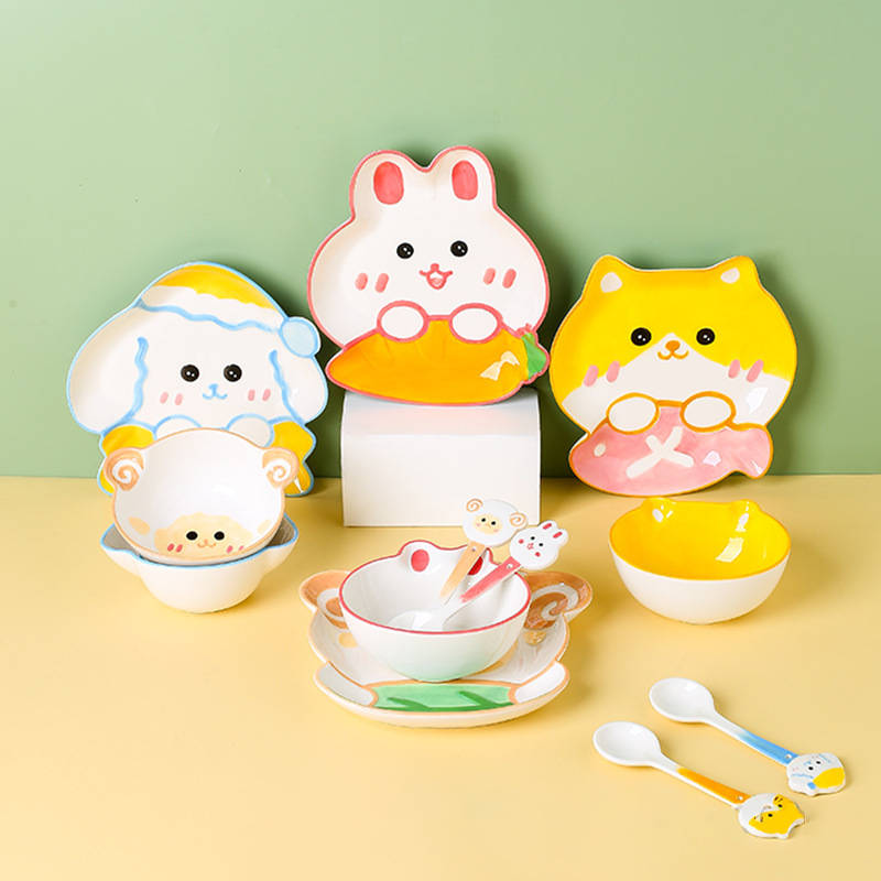 Cute Cartoon Animal Pattern Rabbit Cats Dog Sheep Ceramic Bowl Plate Spoon Daily Tableware Set Children'S Home