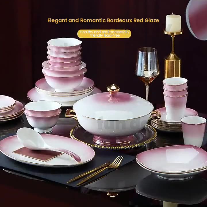 Jingdezhen Ceramic Tableware Luxury Gradient Purple Porcelain Bowl Plate Hotel Home Gift Wedding Bone China Dinnerware Set