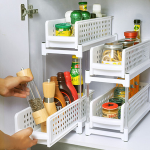 2-Tier Sliding Rail Kitchen Plastic Storage Holder Drawer Spice Rack Plastic Corner Storage Shelf