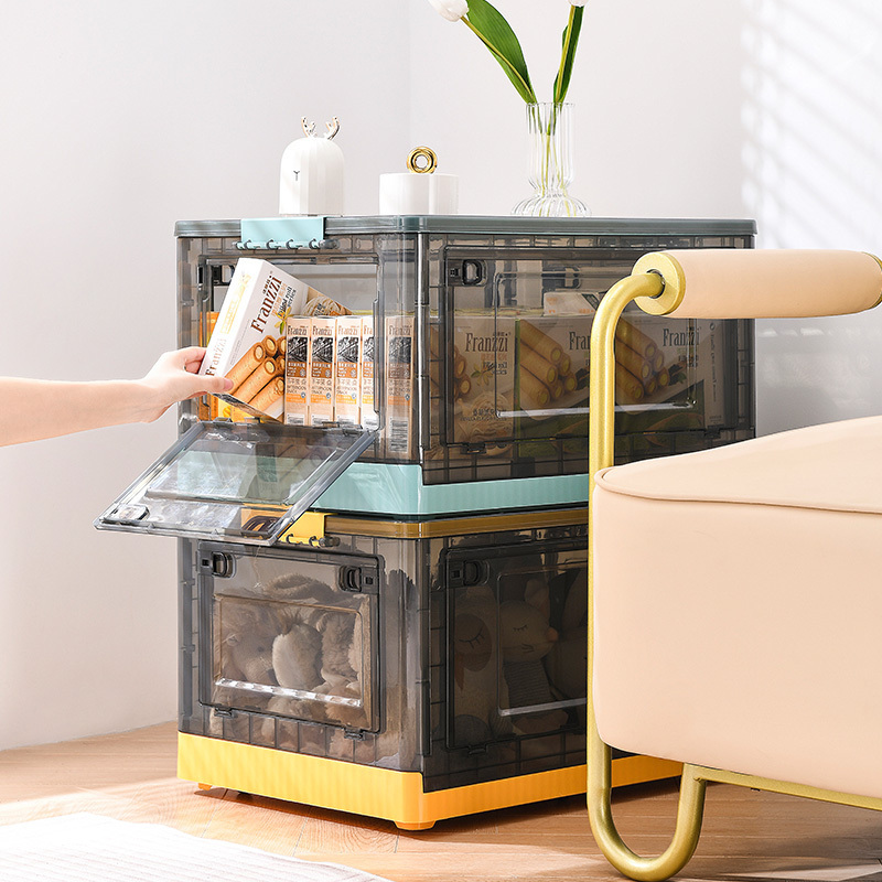 56L Large Clear Collapsible Plastic Storage Box Storage Bins Folding Container Organizer With Wheels