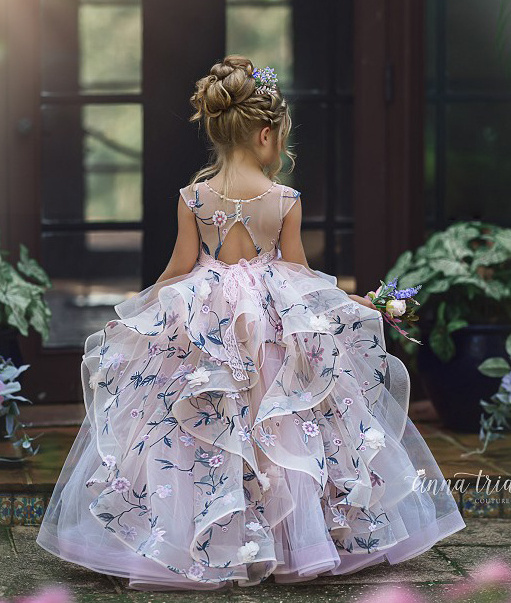 Keyhole Back Embroidery Lace Tulle Wedding Flower Girl Dress Kids Party Dress Birthday Couture Dress