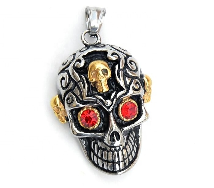 Men pendants Good looking stainless steel  18K gold red eye skull necklace pendant charms DSP 283