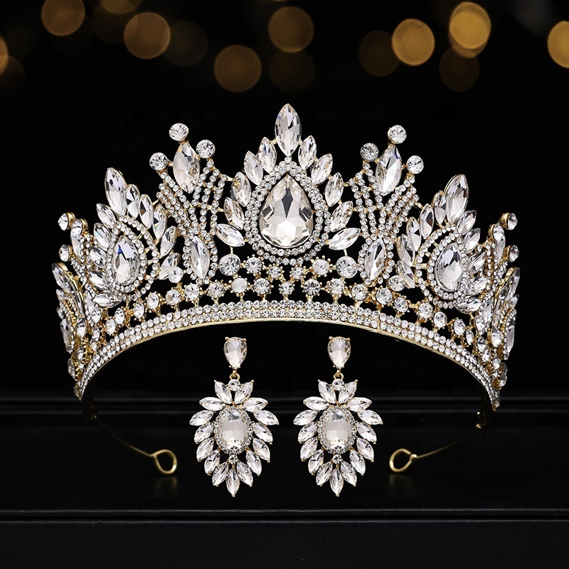 Factory Wholesale Cheap Gold Wedding Bride  Tiara  Clear Stone Diamond Pageant Crowns