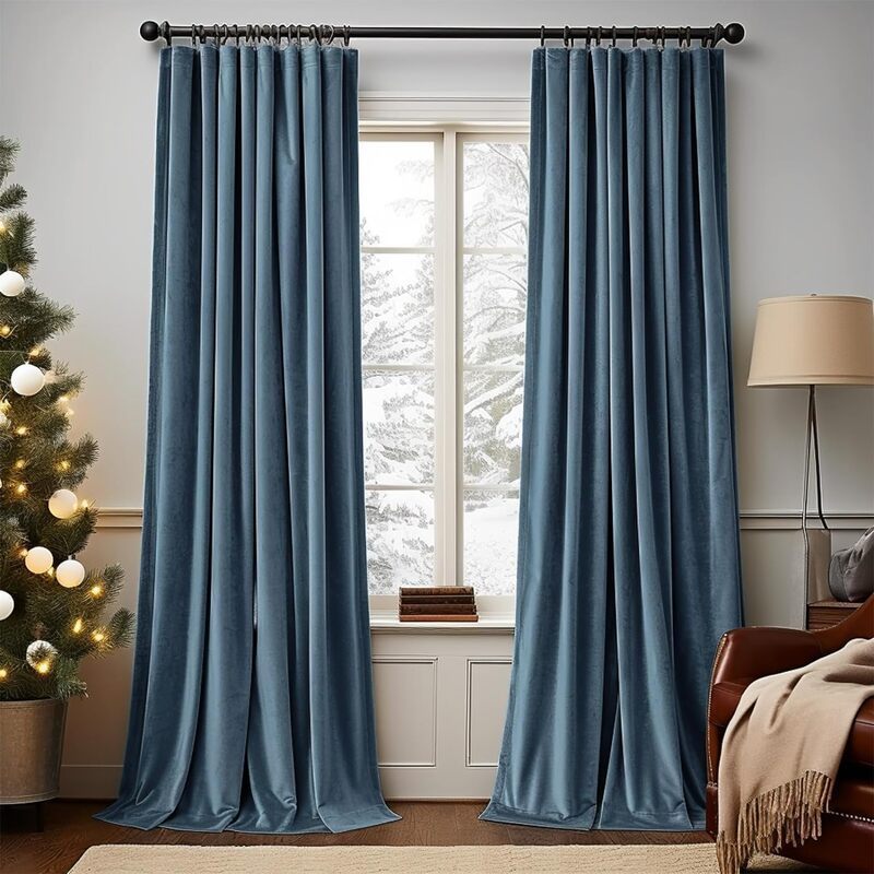 Light Blocking Blackout Velvet Fabric Pinch Pleated Hooks Room Darkening Curtain Drapes