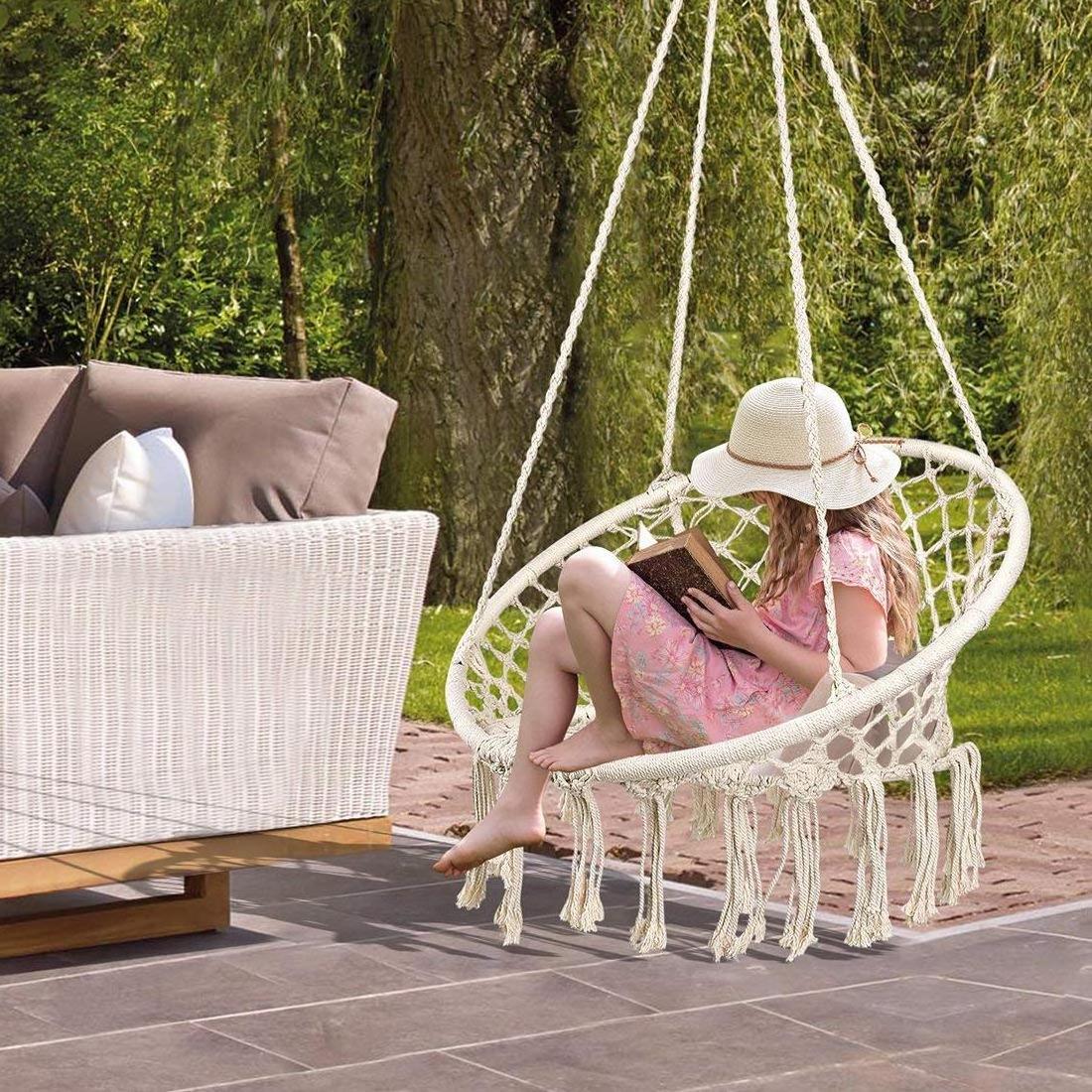 Handmade Cotton Rope Swing Chair, Square Ergonomic Bohemian Design Hanging hammock chair