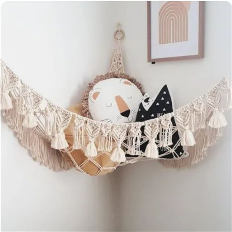 Toy Corner Hammock Large Size Macrame Toy Hammock with Wood Beads and Tassels Macrame Stuffed Animal Toy Storage Hammock