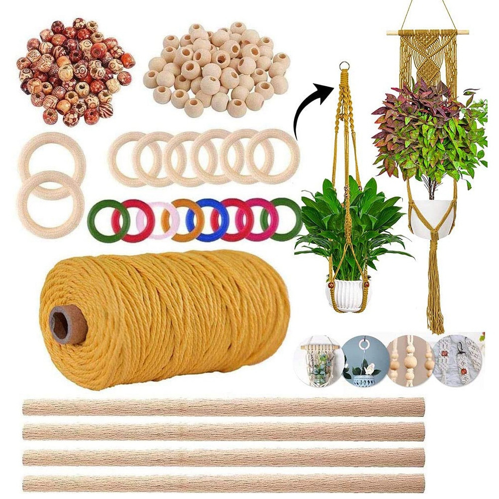 Wooden Sticks Wall Hanging Macrame Kit Gift Woven Ornament Colored Beads Plant Hanger