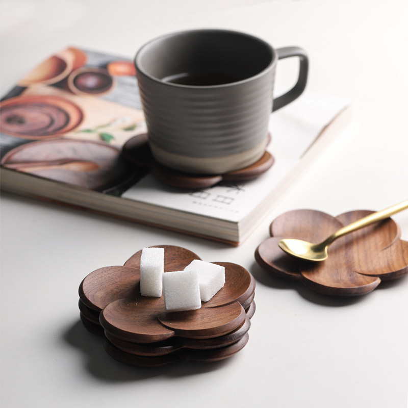 Japanese Style Black Walnut Coaster Table Decoration Petal Heat-Resistant Beverage Pad Home Dining Table Tea Coffee Cup Pad