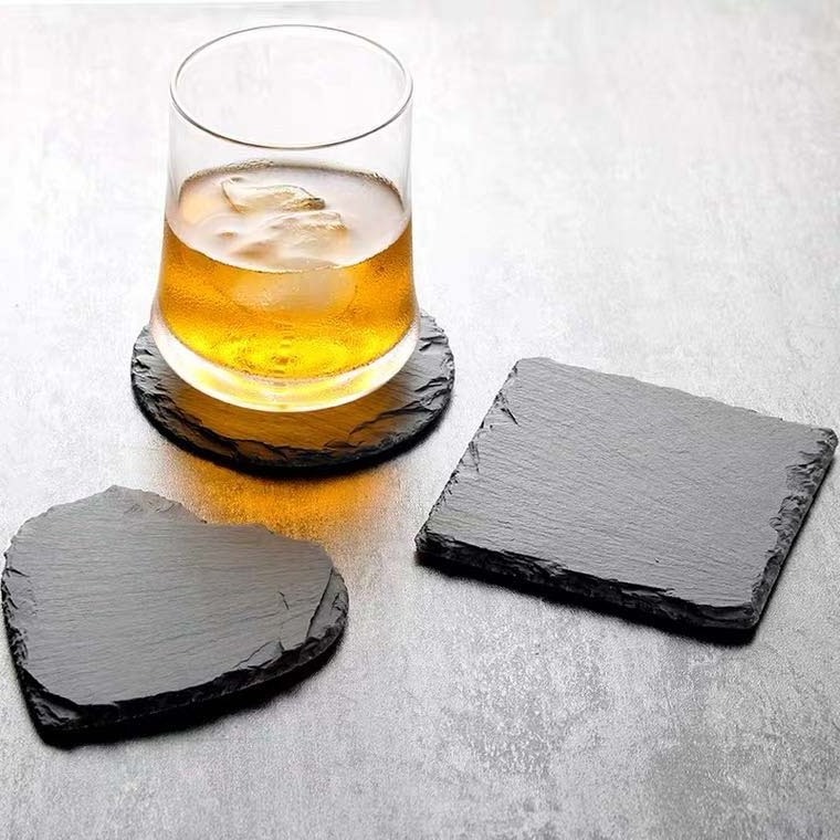 DR-NY Cheap Wholesale Black Non-Slip Engraving Drink Slate Stone Bulk Coasters Set Round Blank Gift Box With Holder