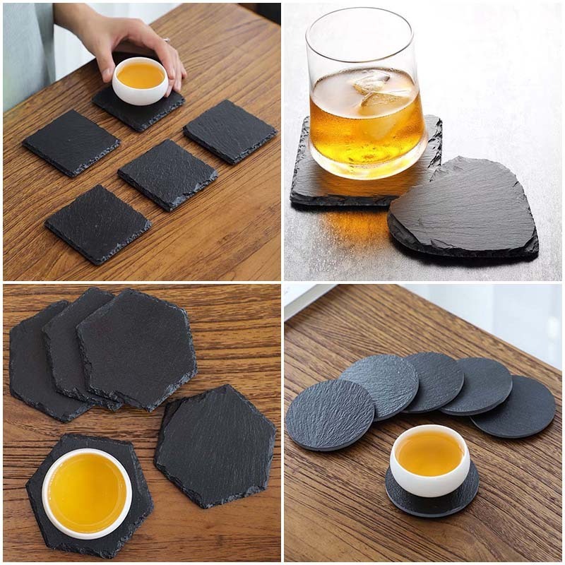 DR-NY Cheap Wholesale Black Non-Slip Engraving Drink Slate Stone Bulk Coasters Set Round Blank Gift Box With Holder