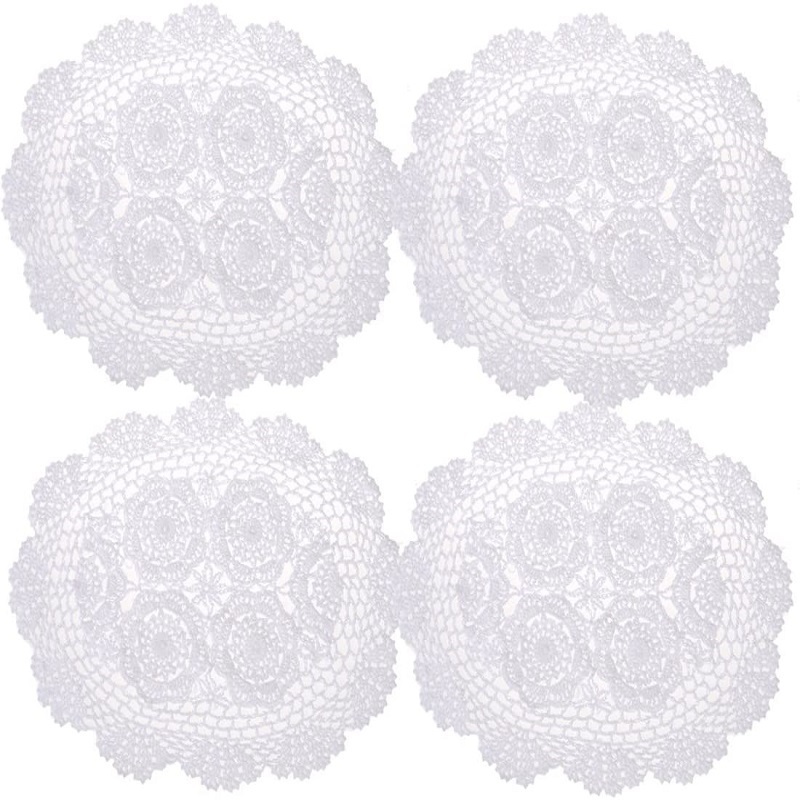 Handmade Crochet Cotton Lace Table Placemats Doilies Pack, 4pc, White, Blossoms, 10 inch